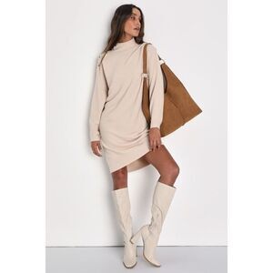 Lulus Cozy Stroll Beige Mock Neck Button Mini Sweater Dress SizeS BRAND NEW TAGS